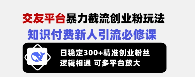 交友平台暴力截流创业粉玩法，知识付费新人引流必修课，日稳定300+精准创业粉丝，逻辑相通可多平台放大-聊项目