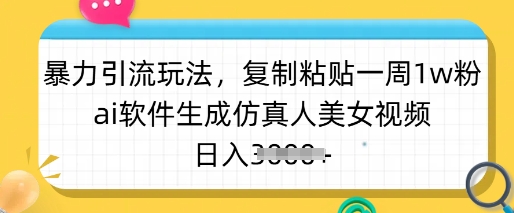 暴力引流玩法，复制粘贴一周1w粉，ai软件生成仿真人美女视频，日入多张-聊项目