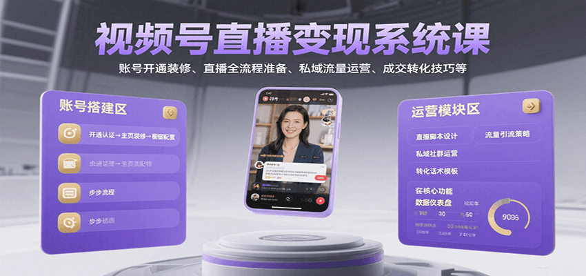 视频号直播变现系统课，账号开通装修、直播全流程准备、私域流量运营、成交转化技巧等-聊项目