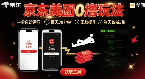 京东美团平台最新0撸玩法，全自动挂G，每天30分钟，无脑操作，当天收益3张【揭秘】-聊项目