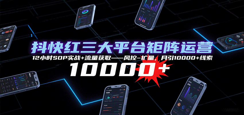 抖快红三大平台矩阵运营，12小时SOP实战+流量获取-风控-扩量，月引10000+线索-聊项目