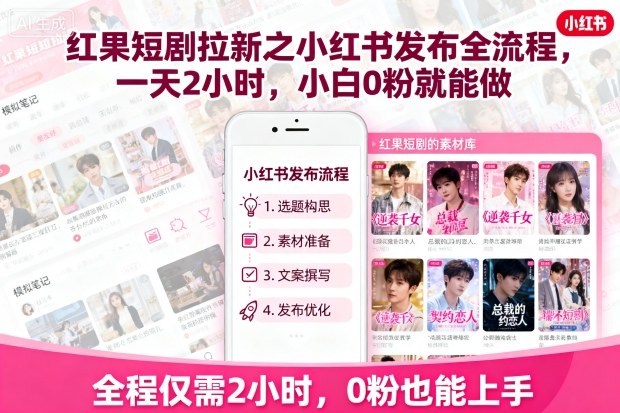 红果短剧拉新之小红书发布全流程，一天2小时，小白0粉就能做-聊项目
