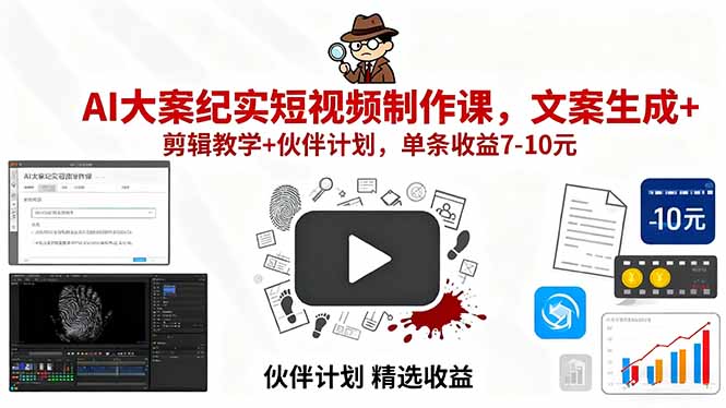 AI大案纪实短视频制作课，文案生成+剪辑教学+伙伴计划，单条收益7-10元-聊项目