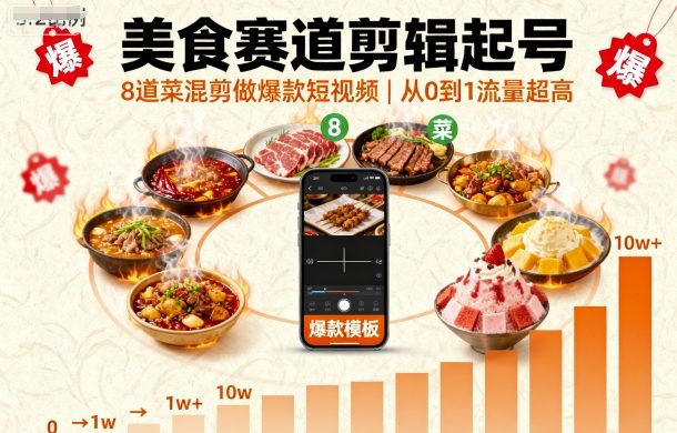 美食赛道剪辑起号，8道菜混剪做爆款短视频，从0到1，流量超高-聊项目