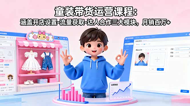 童装带货运营课程：涵盖开店设置-流量获取-达人合作三大模块，月销百万+-聊项目