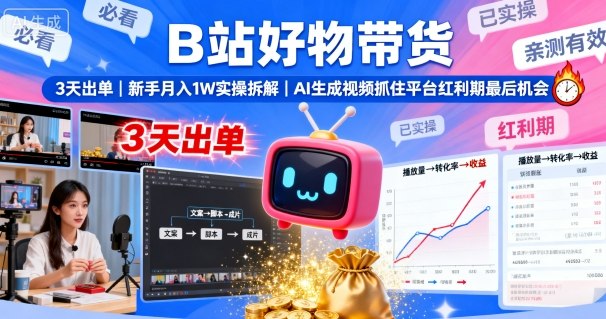 B站好物带货，3天出单，新手月入1W实操拆解，AI生成视频，抓住平台红利期最后机会-聊项目