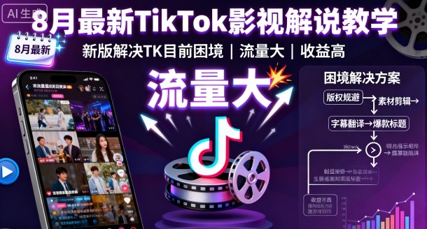 8月最新TikTok影视解说教学，新版解决TK目前困境，流量大，收益高-聊项目