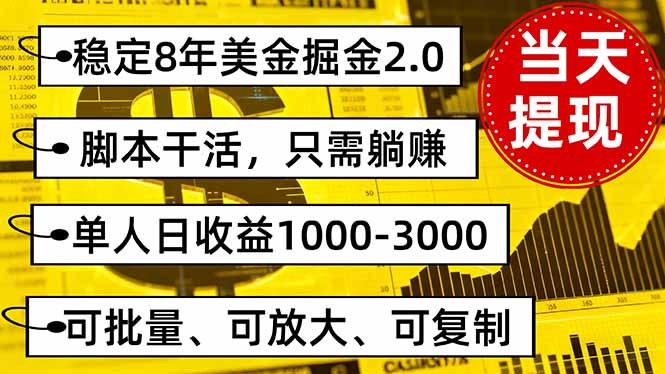 稳定8年美金掘金2.0脚本干活，只需躺赚。单人日收益1000-3000可批量、…-聊项目