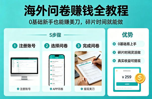 海外问卷賺钱全教程，0基础新手也能賺美刀，碎片时间就能做-聊项目