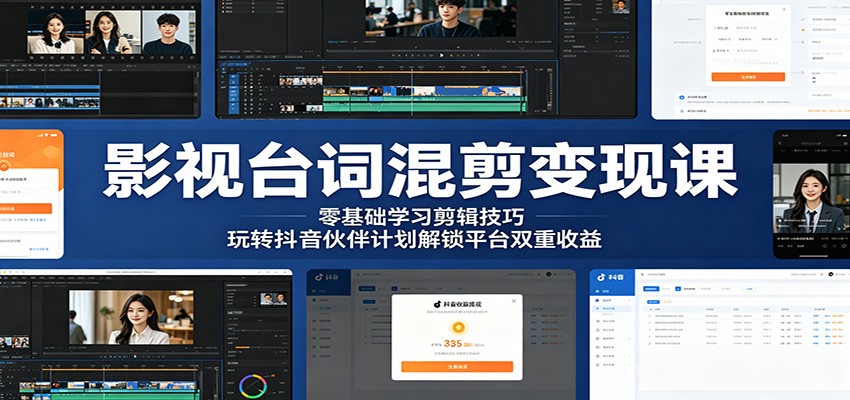 影视台词混剪变现课:零基础学习剪辑技巧,玩转抖音伙伴计划解锁平台双重收益-聊项目