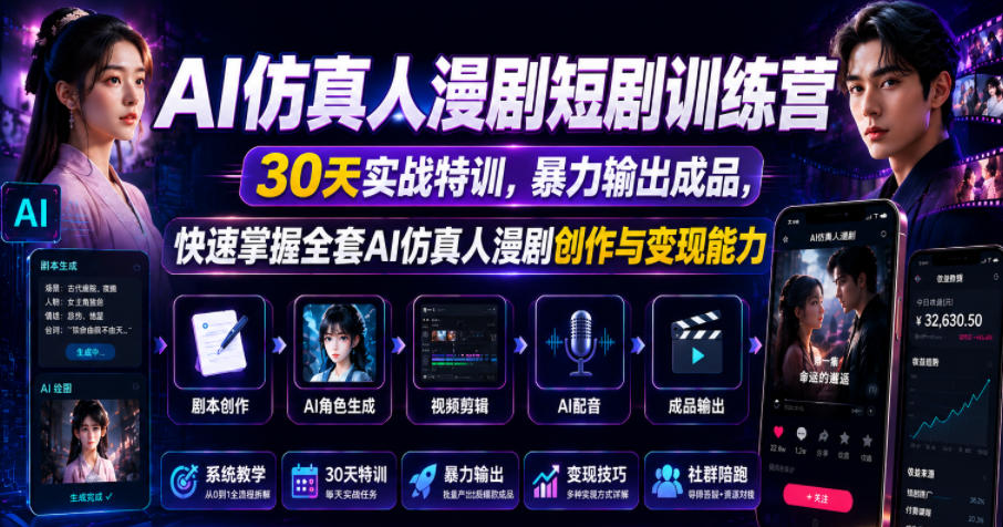 AI仿真人漫剧短剧训练营,30天实战特训,暴力输出成品,快速掌握全套AI仿真人漫剧创作与变现能力-聊项目