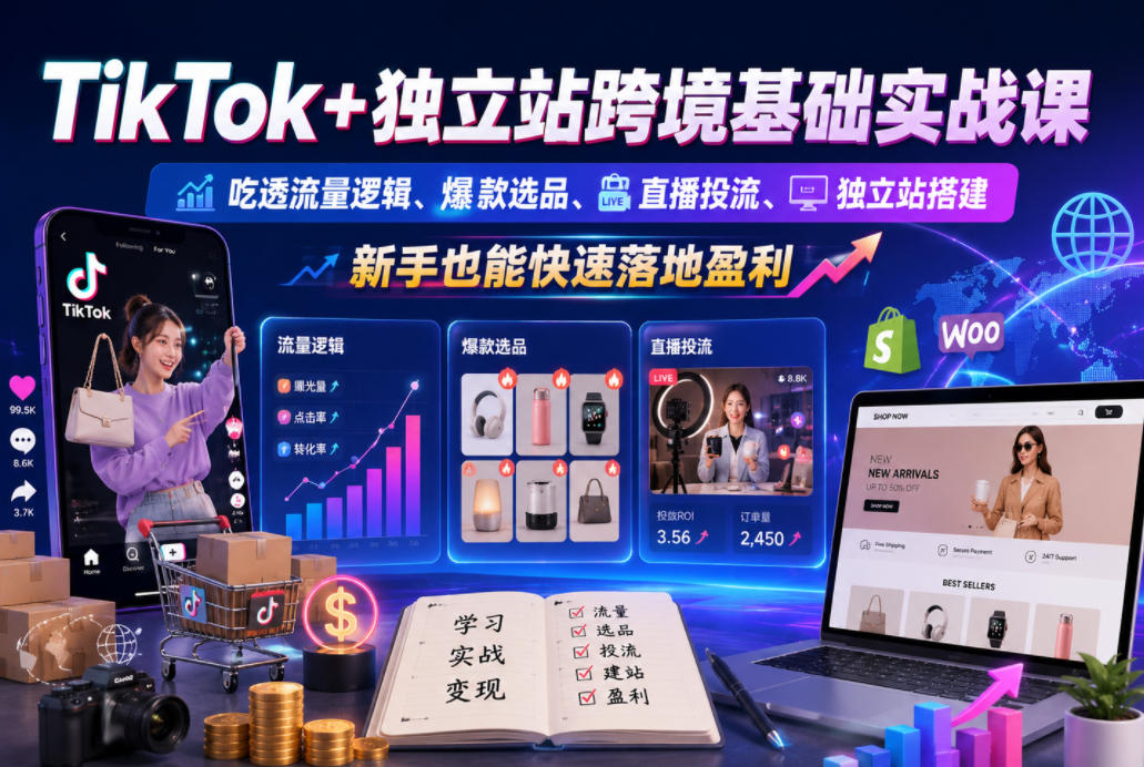 TikTok+独立站跨境基础实战课，吃透流量逻辑、爆款选品、直播投流与独立站搭建，新手也能快速落地盈利-聊项目