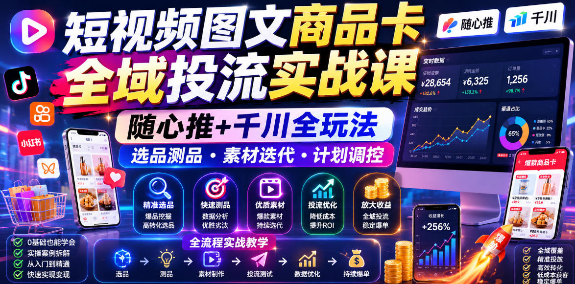 短视频图文商品卡全域投流实战课，随心推+千川全玩法，选品测品・素材迭代・计划调控，提升ROI爆单增收教程-聊项目