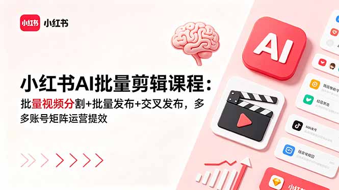小红书AI批量剪辑课程：批量视频分割+批量发布+交叉发布，多账号矩阵运营提效-聊项目