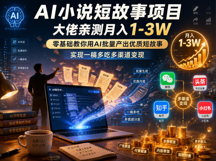 AI小说短故事项目，大佬亲测月入1-3W，零基础教你用AI批量产出优质短故事，实现一稿多吃多渠道变现(更新0624)-聊项目