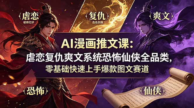 AI漫画推文课：虐恋复仇爽文系统恐怖仙侠全品类，零基础快速上手爆款图文赛道-聊项目